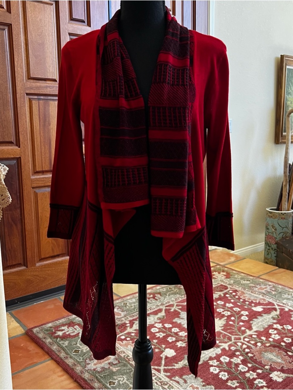 Orly Cardigan Women's Size Medium Red And Black Sweater Long Sleeve Draped Front